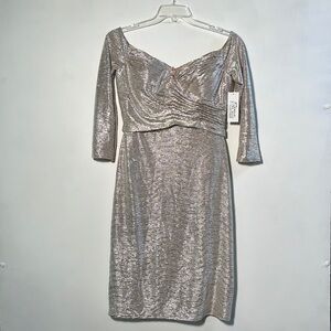 Rene Ruiz NWT Party Cocktail 3/4 SLV Champagne Metallic Off Shoulder Dress SZ10